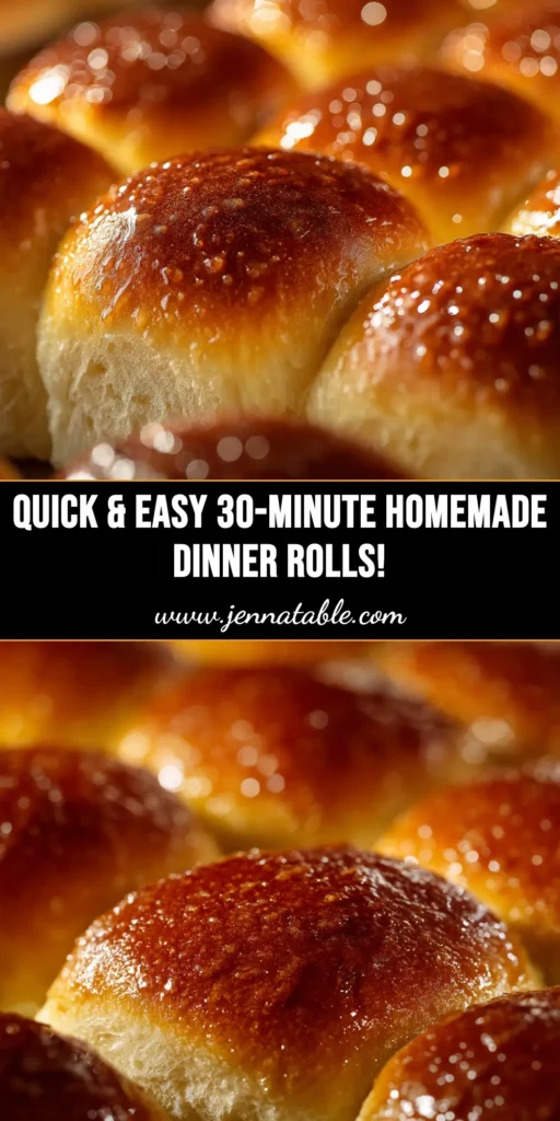 A basket of warm, golden-brown 30-minute dinner rolls, with one torn open to show the soft, fluffy texture. The title reads '30-Minute Dinner Rolls.'