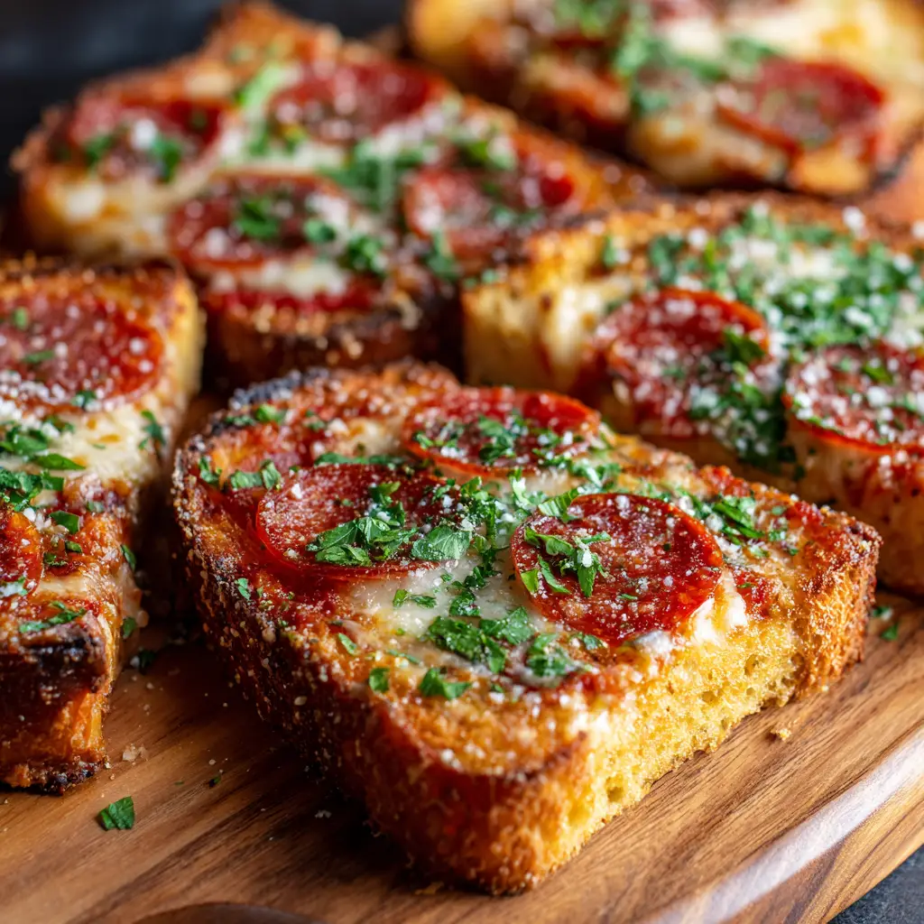 A close-up shot of easy air fryer pizza toast being assembled with sauce, cheese, and pepperoni before cooking.