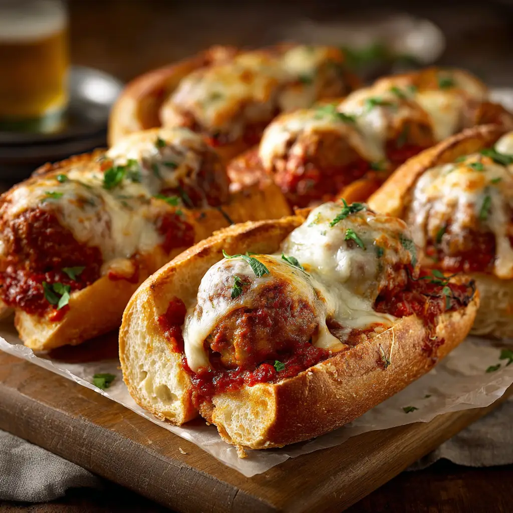 A step-by-step image showing the assembly process of oven-baked meatball sandwiches before they go into the oven, topped with cheese.