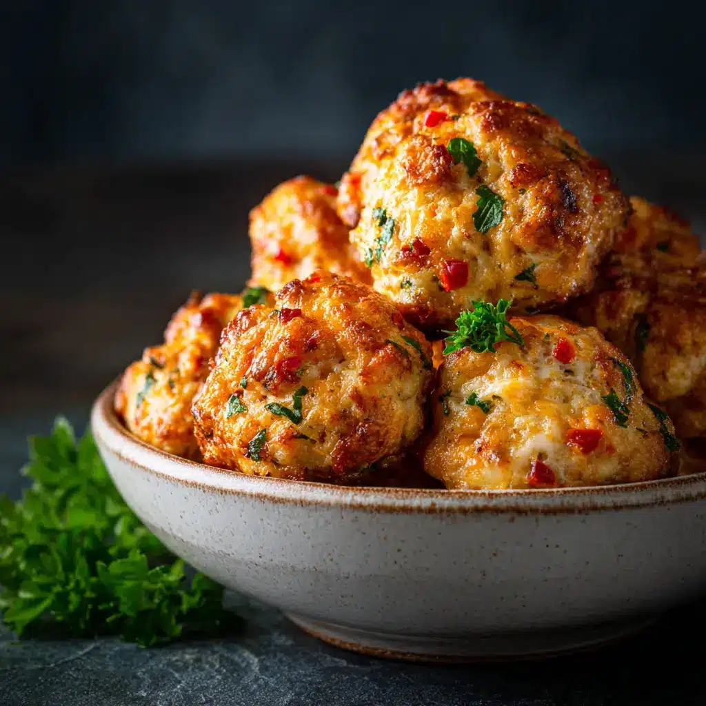 A baking sheet lined with freshly baked cream cheese sausage balls, hot from the oven.