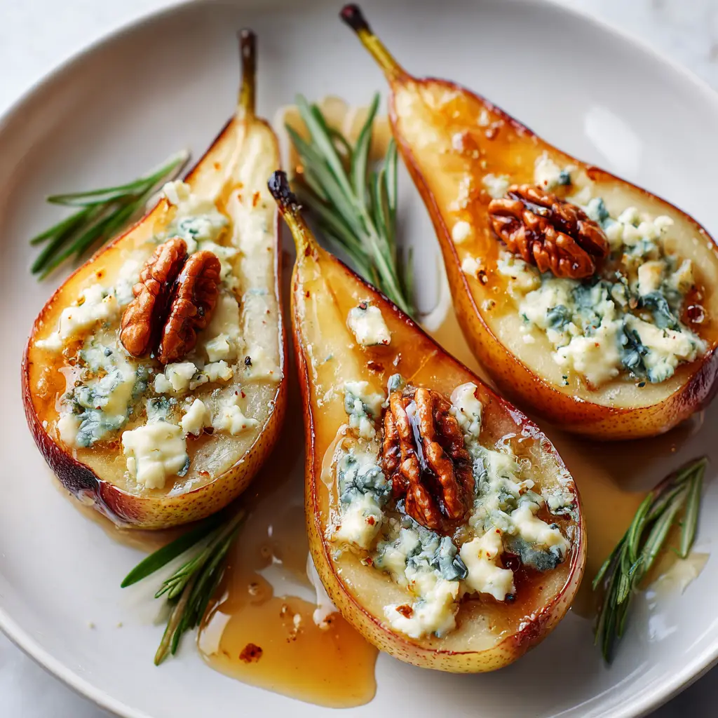 A close-up overhead view of golden-baked pears filled with melted gorgonzola cheese and topped with crunchy walnuts.