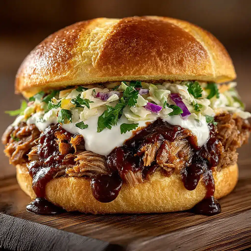 A fully assembled BBQ pulled pork sandwich overflowing with meat and coleslaw, with a side of pickles, ready to be eaten.