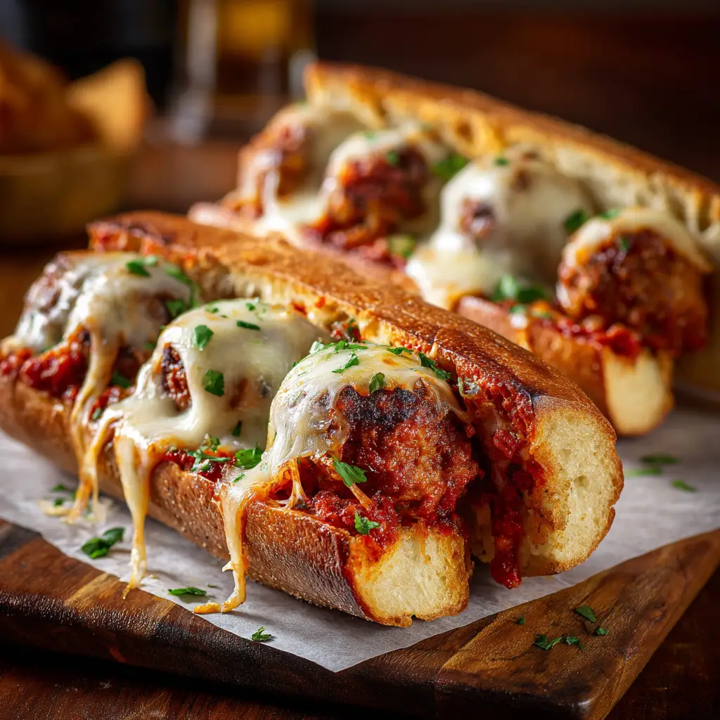 Several oven-baked meatball sandwiches lined up on a rustic wooden board, showing the perfectly melted provolone and mozzarella cheese.