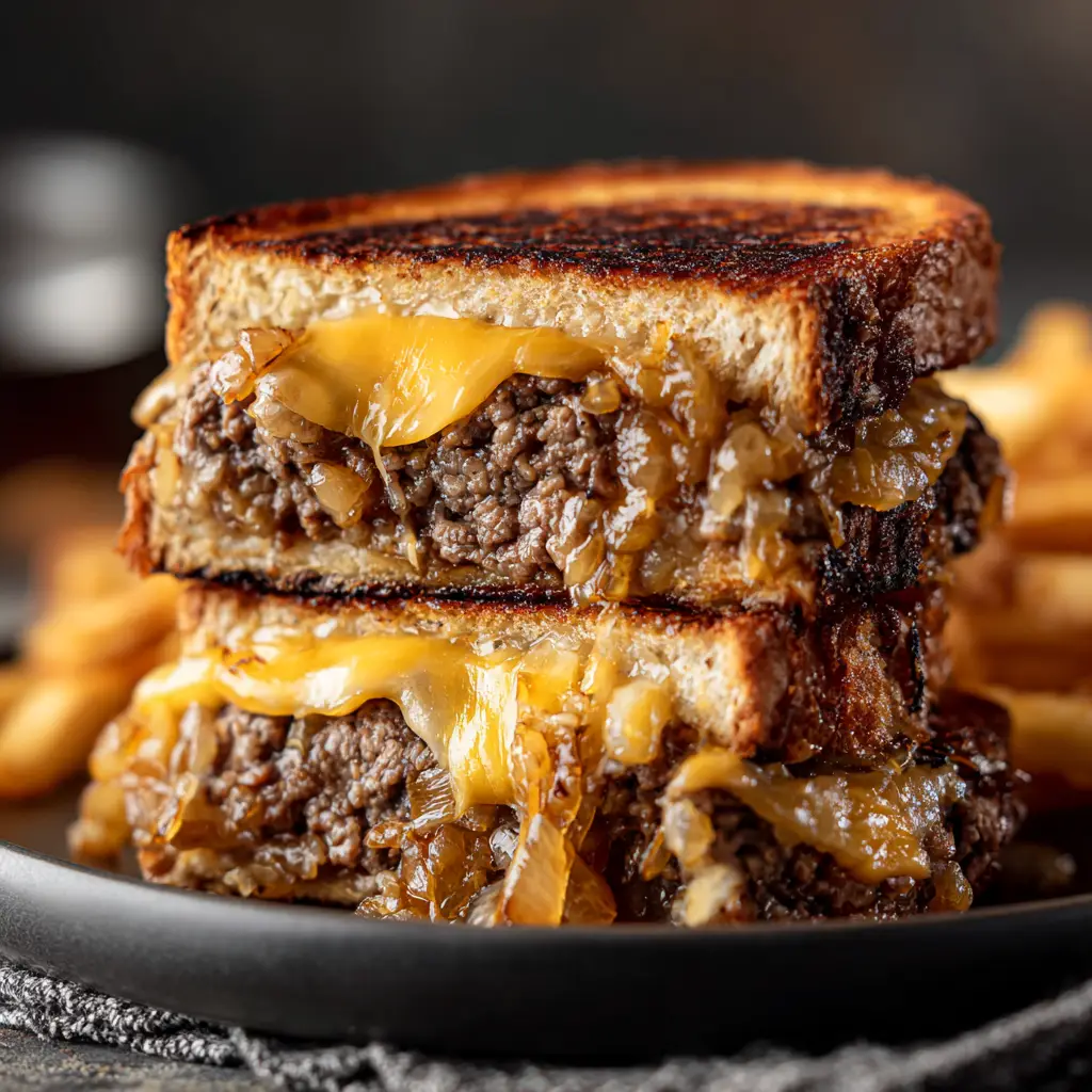 A close-up view of the inside of a patty melt, highlighting the juicy beef patty and layers of melted Swiss cheese on toasted rye bread.