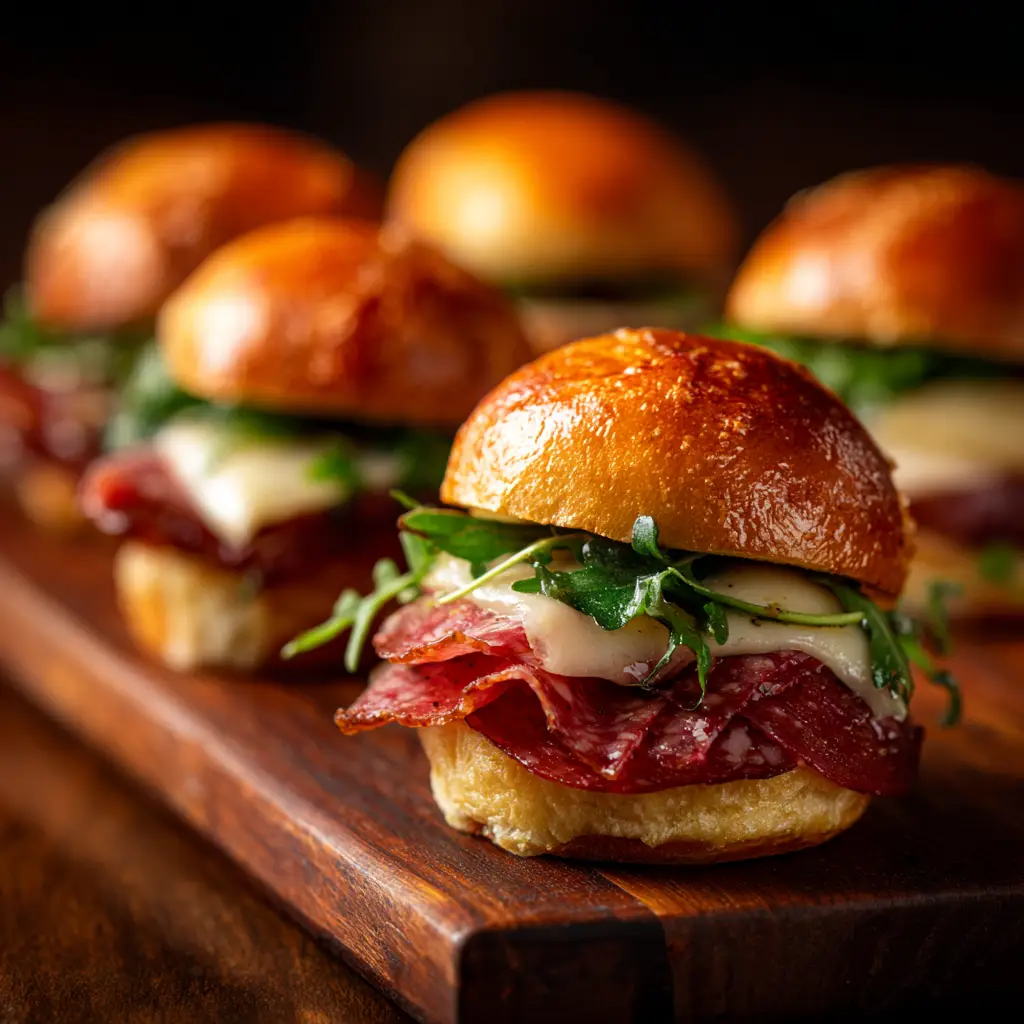 A tray of delicious Italian sliders being pulled apart, showcasing the gooey, melted provolone cheese and layers of Italian meats inside.
