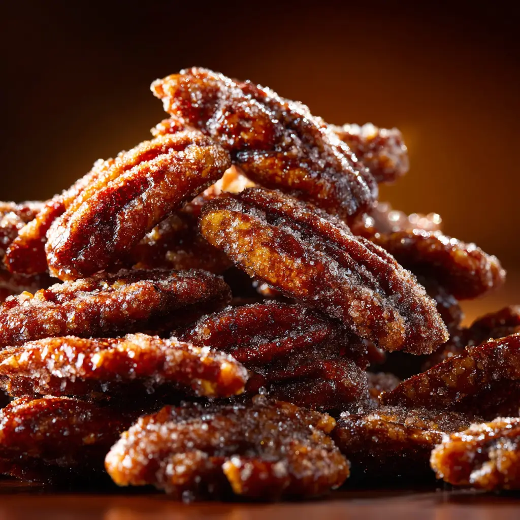 Pecans being coated in a cinnamon sugar mixture in a glass bowl before being placed in the slow cooker.