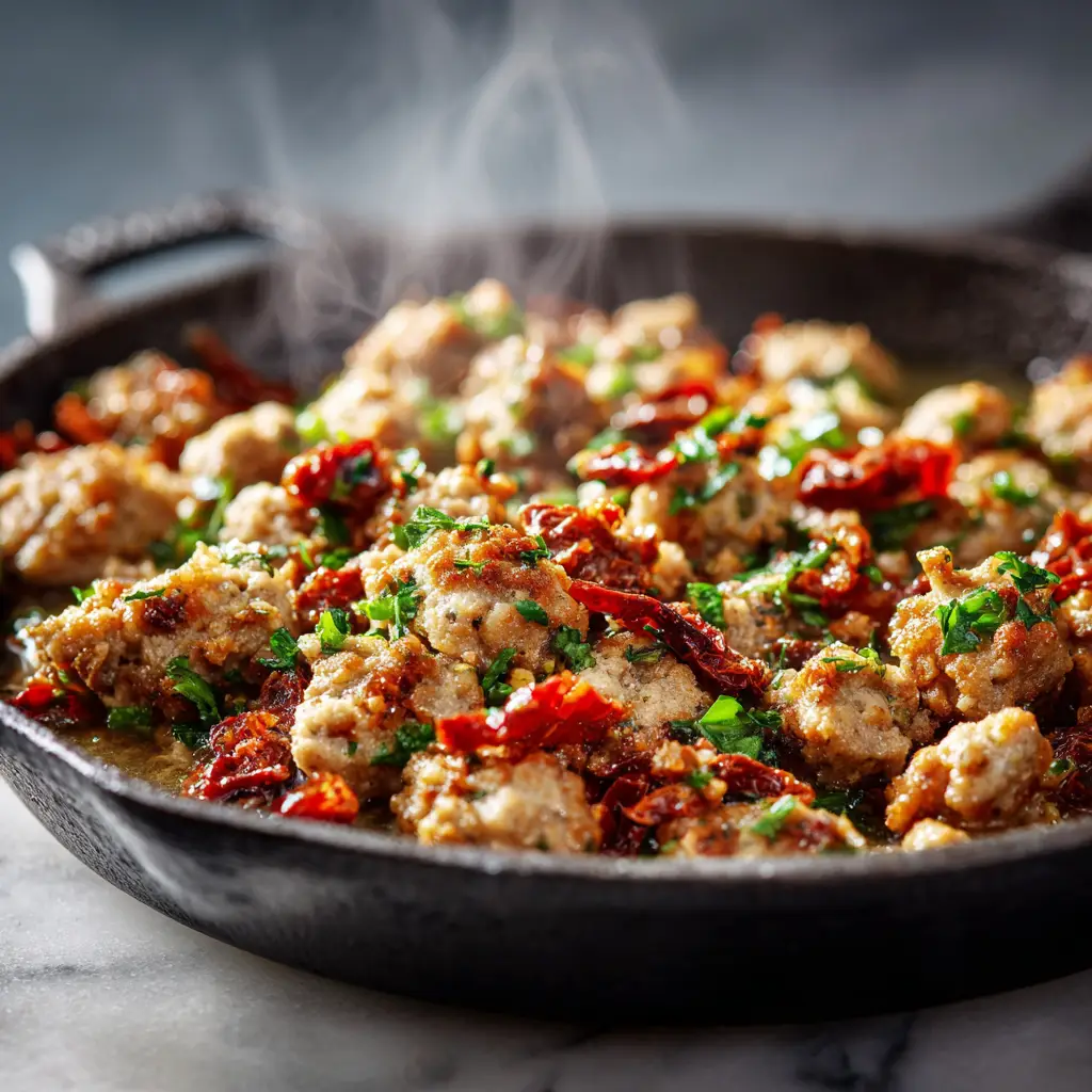A rustic scene showing freshly cooked crumbled Italian chicken sausage. This ground chicken sausage recipe is both healthy and flavorful.