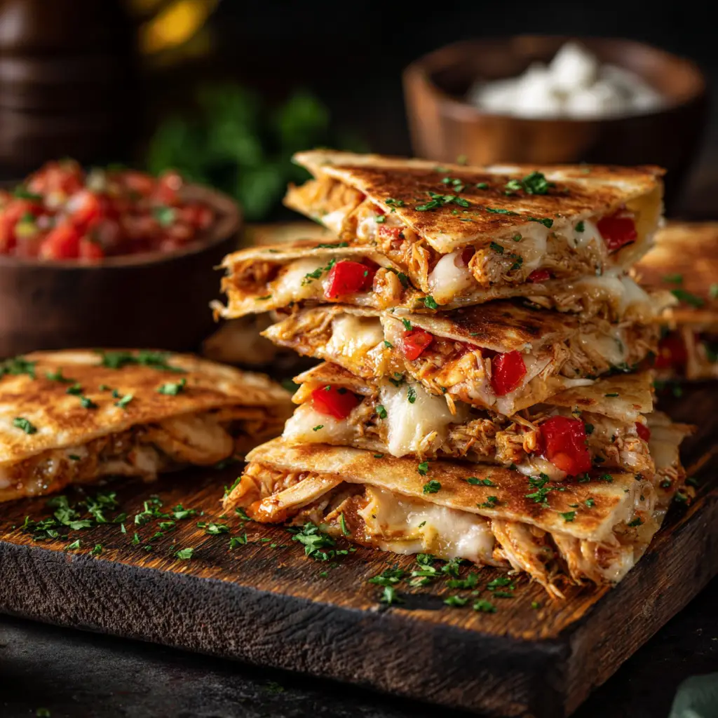 A close-up shot of a crispy, golden-brown Italian chicken quesadilla being cooked in a skillet. You can see the melted mozzarella cheese oozing from the sides.