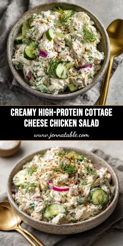 A serving of creamy cottage cheese chicken salad in a white bowl, garnished with fresh dill. This high-protein, no-mayo recipe is perfect for a healthy lunch.