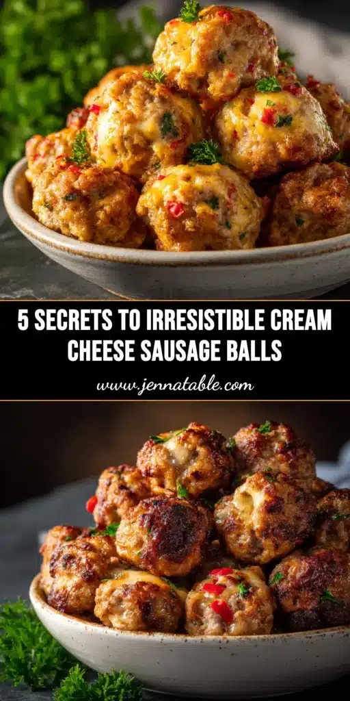 A platter of golden brown cream cheese sausage balls ready to be served as an easy party appetizer.