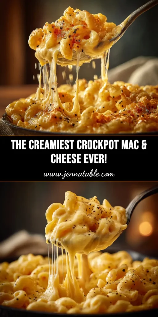 A top-down view of creamy Crockpot Mac and Cheese in a slow cooker with a black serving spoon.