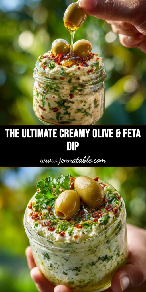 Creamy Feta and Green Olive Dip: The Ultimate 10-Minute Appetizer 3 A bowl of creamy feta and green olive dip garnished with fresh herbs, with pita chips on the side. The perfect easy party appetizer.