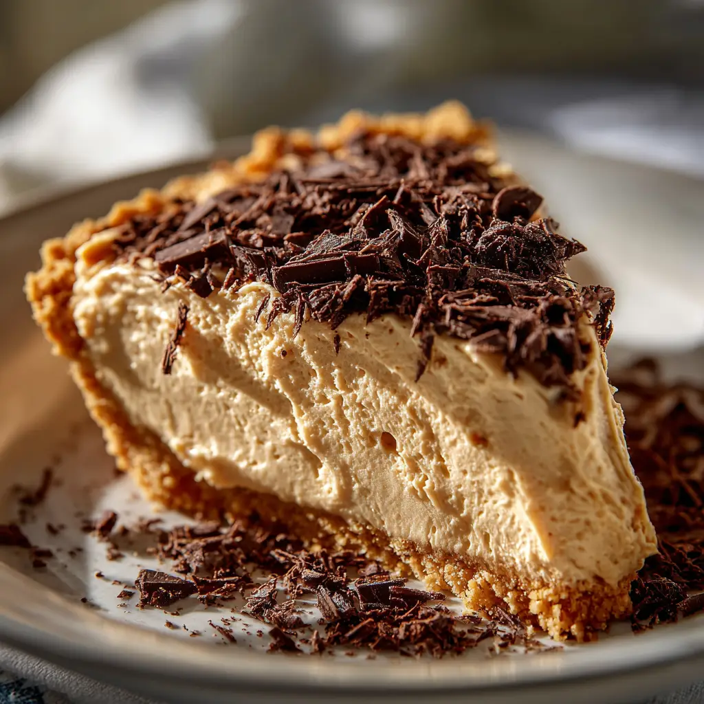 A close-up slice of creamy peanut butter pie on a white plate, showing the smooth texture of the filling and the graham cracker crust.