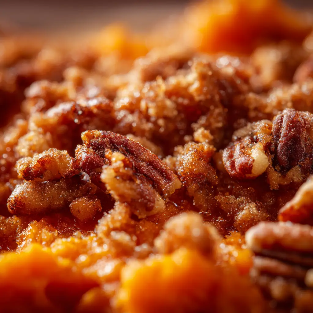 A close-up macro shot of the creamy sweet potato casserole filling, highlighting its smooth and vibrant orange texture.