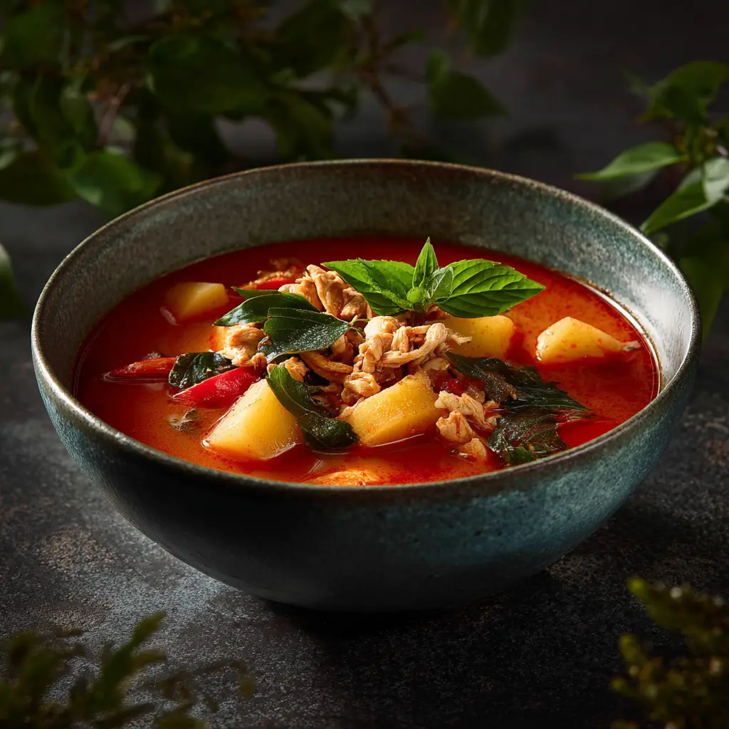 A close-up shot of a creamy Thai red curry with chicken, bamboo shoots, and red bell peppers in a rustic bowl. The focus is on the rich, red color and creamy texture of the coconut milk broth.