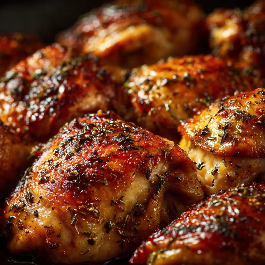 An extreme close-up shot of perfectly seasoned, crispy skin on oven baked chicken thighs, highlighting the texture and golden color.
