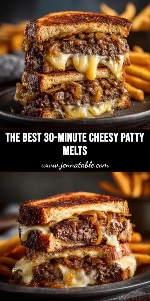 A delicious, diner-style Patty Melt Recipe on rye bread, cut in half to show the juicy beef patty, melted Swiss cheese, and caramelized onions. The perfect comfort food sandwich.