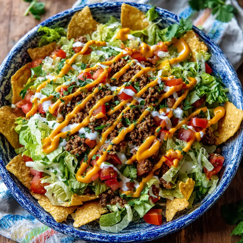Taco Salad with Catalina Dressing (The Ultimate Crowd-Pleaser) 1 A large serving bowl of the finished Dorito taco salad with Catalina dressing, tossed and ready to be served.