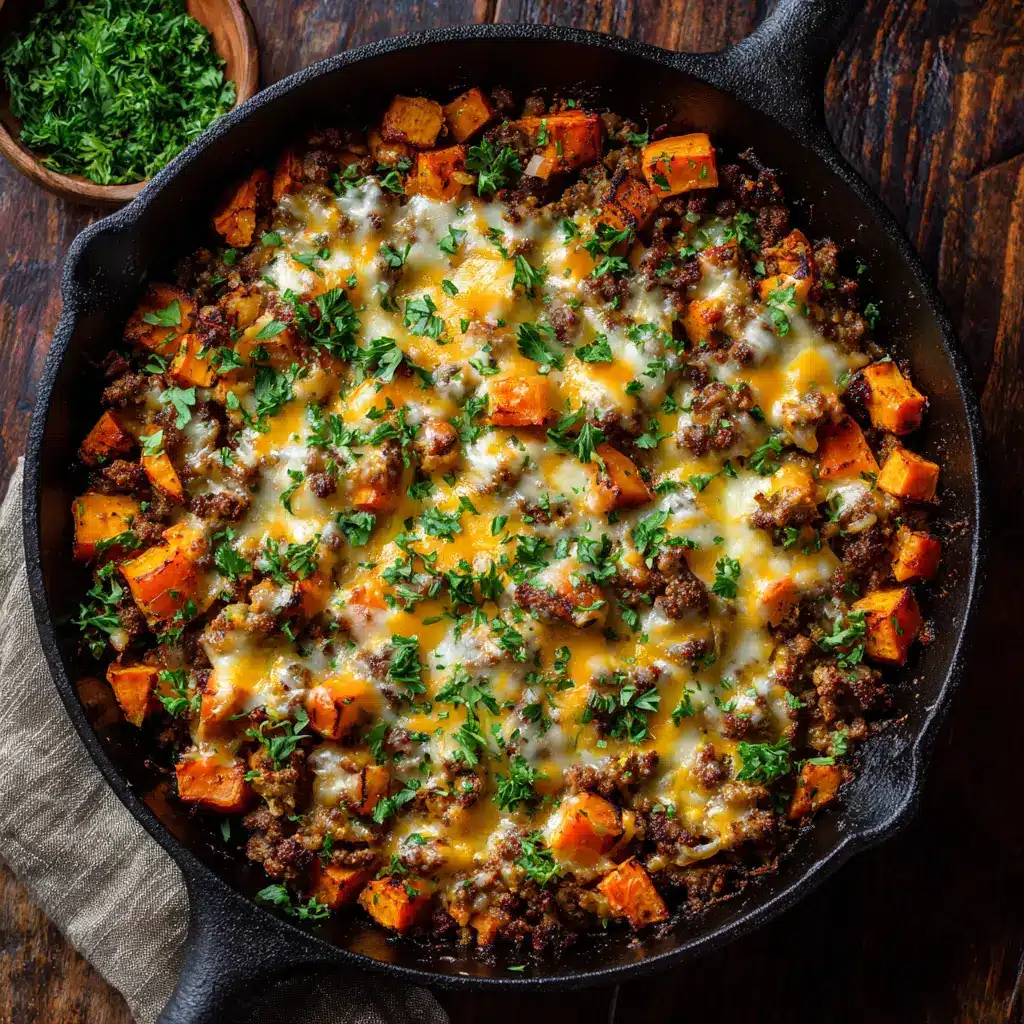 A serving of the ground turkey sweet potato skillet on a white plate, ready to be eaten. The dish is colorful and appetizing.