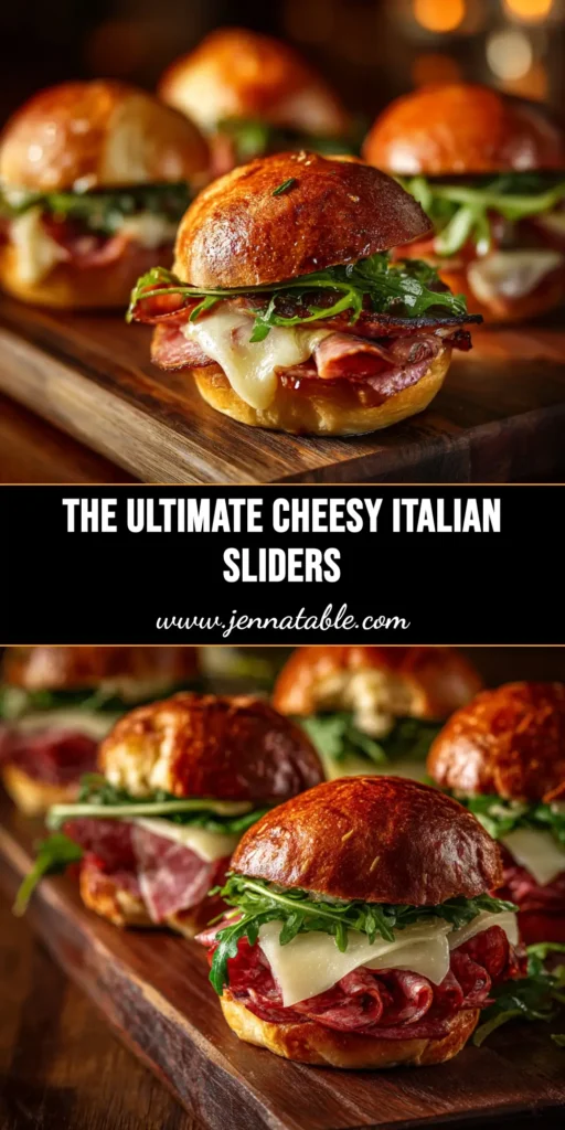 A close-up of baked Italian sliders on Hawaiian rolls, showing layers of deli meat, melted cheese, and a golden-brown garlic butter topping.