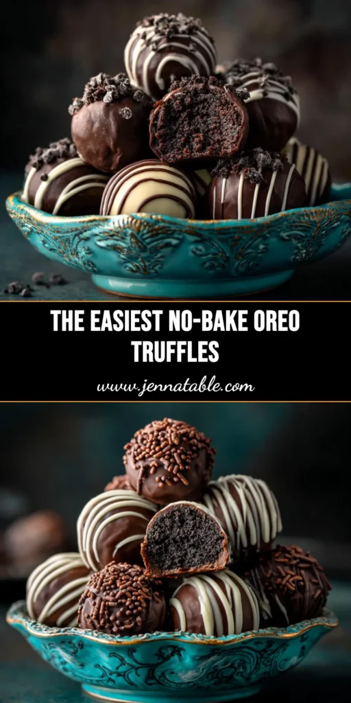 A stack of homemade Oreo truffles on a plate, with one cut in half to show the creamy center. The perfect easy Oreo truffles recipe.