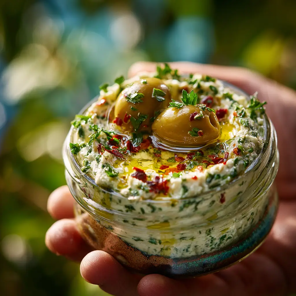 Creamy Feta and Green Olive Dip: The Ultimate 10-Minute Appetizer 1 The ingredients for the creamy feta dip, including a block of feta cheese, green olives, cream cheese, garlic, and a lemon, arranged on a countertop.