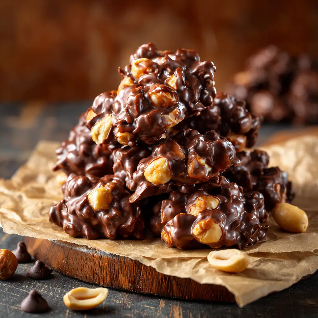 Finished chocolate peanut clusters setting on a piece of parchment paper, sprinkled with flaky sea salt. An easy no-bake holiday treat.