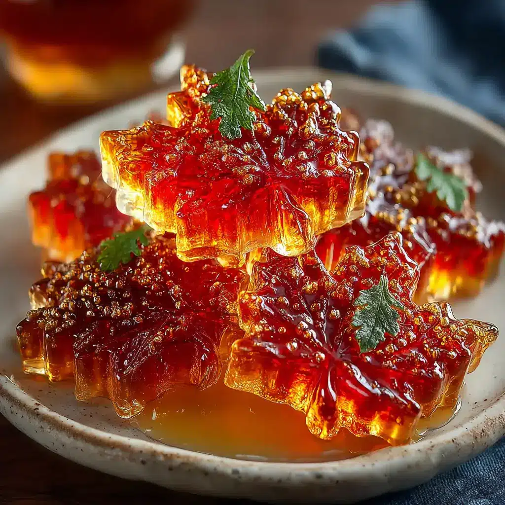A small pile of finished homemade maple syrup candies shaped like leaves, glistening on a piece of white parchment paper.
