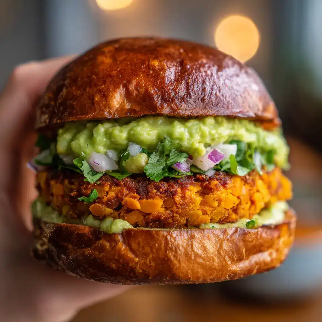 A hand holding up one sweet potato and red lentil patty, showing its perfectly cooked texture and thickness.