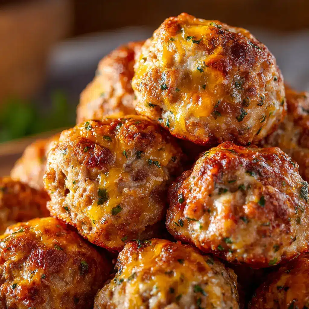 A close-up macro shot of a freshly baked sausage cheddar ball, showing its cheesy texture and golden brown crust.