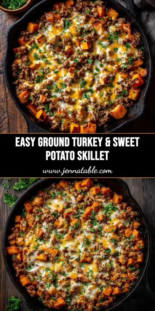 A colorful ground turkey sweet potato skillet in a cast-iron pan, garnished with fresh parsley. This one-pan meal is healthy, easy, and ready in 30 minutes.