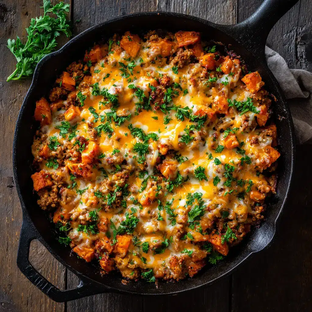 A close-up of the healthy ground turkey and sweet potato mixture simmering in a skillet with spices and vegetables.