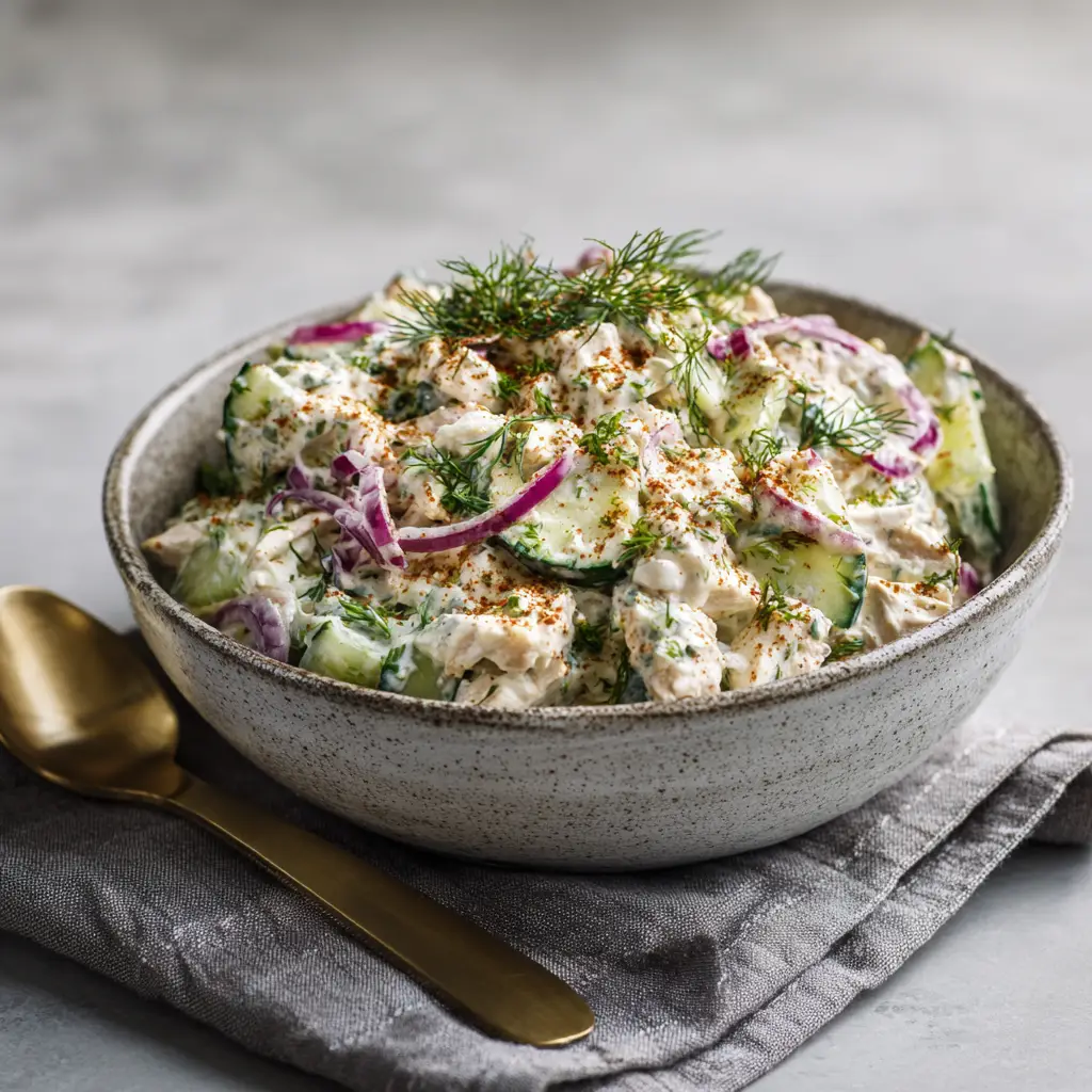 A close-up view of the high-protein chicken salad, showing the texture of the shredded chicken and crisp celery in a creamy cottage cheese dressing.