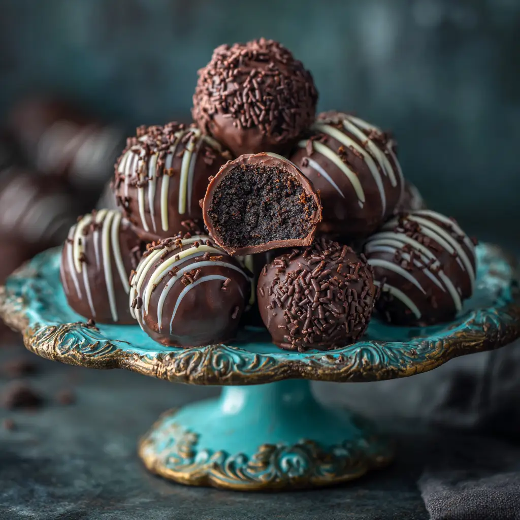 A close-up of homemade chocolate Oreo truffles being decorated with a drizzle of white chocolate after dipping.