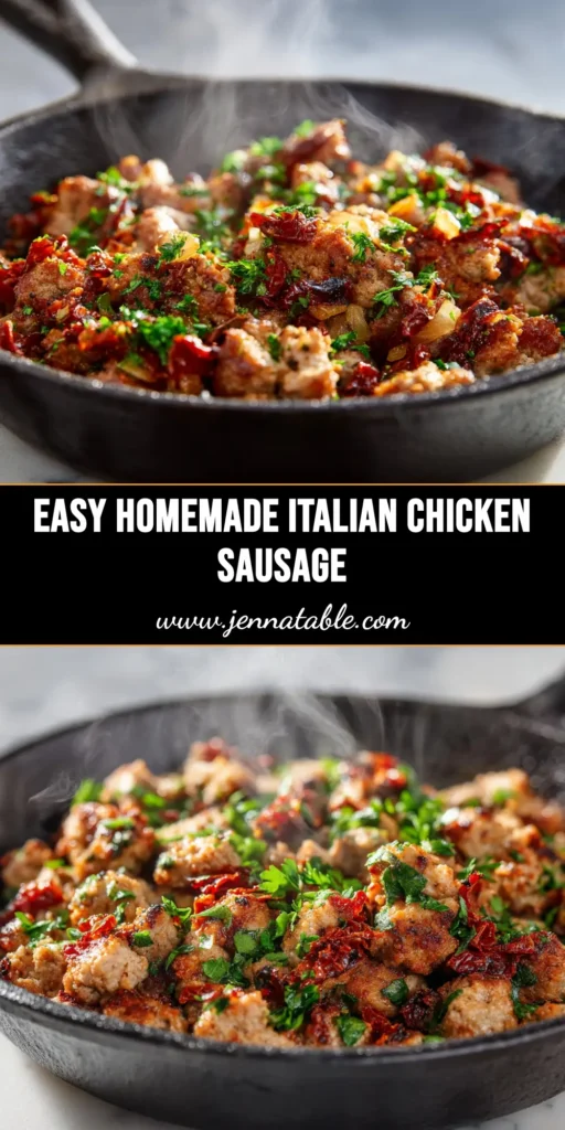 A close-up overhead shot of homemade Italian chicken sausage crumbles in a cast-iron skillet, ready to be used in a delicious recipe.
