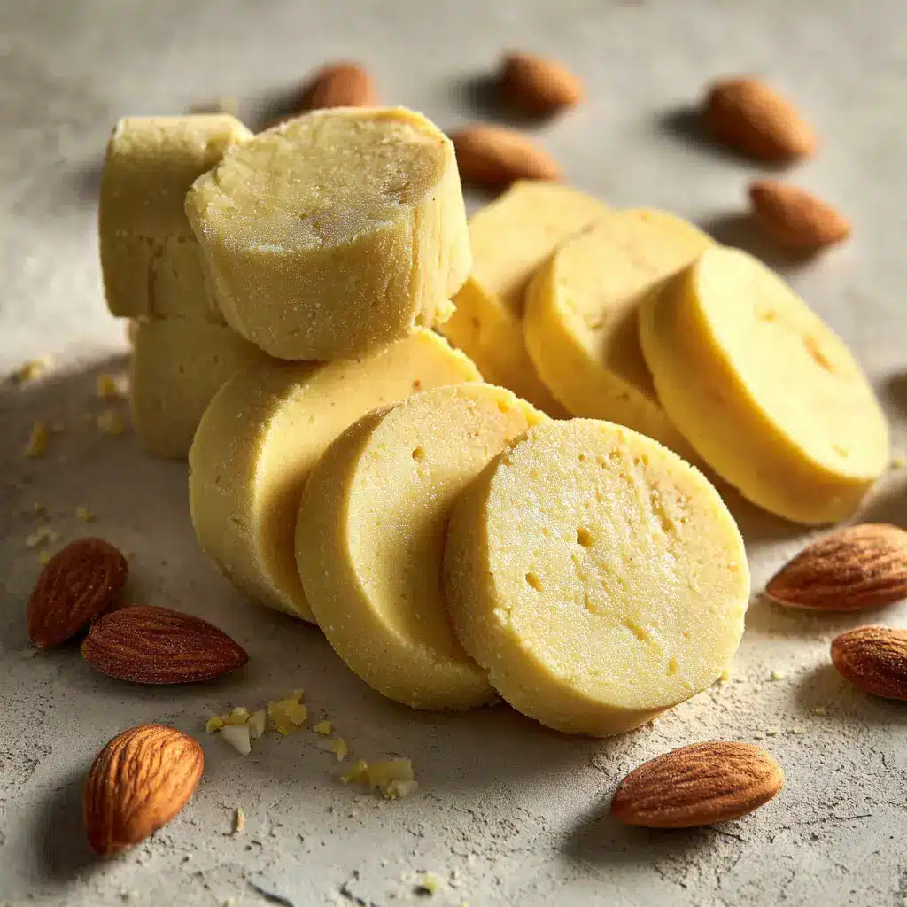 A close-up view of a log of smooth homemade marzipan, highlighting its perfect texture for modeling and decorating.