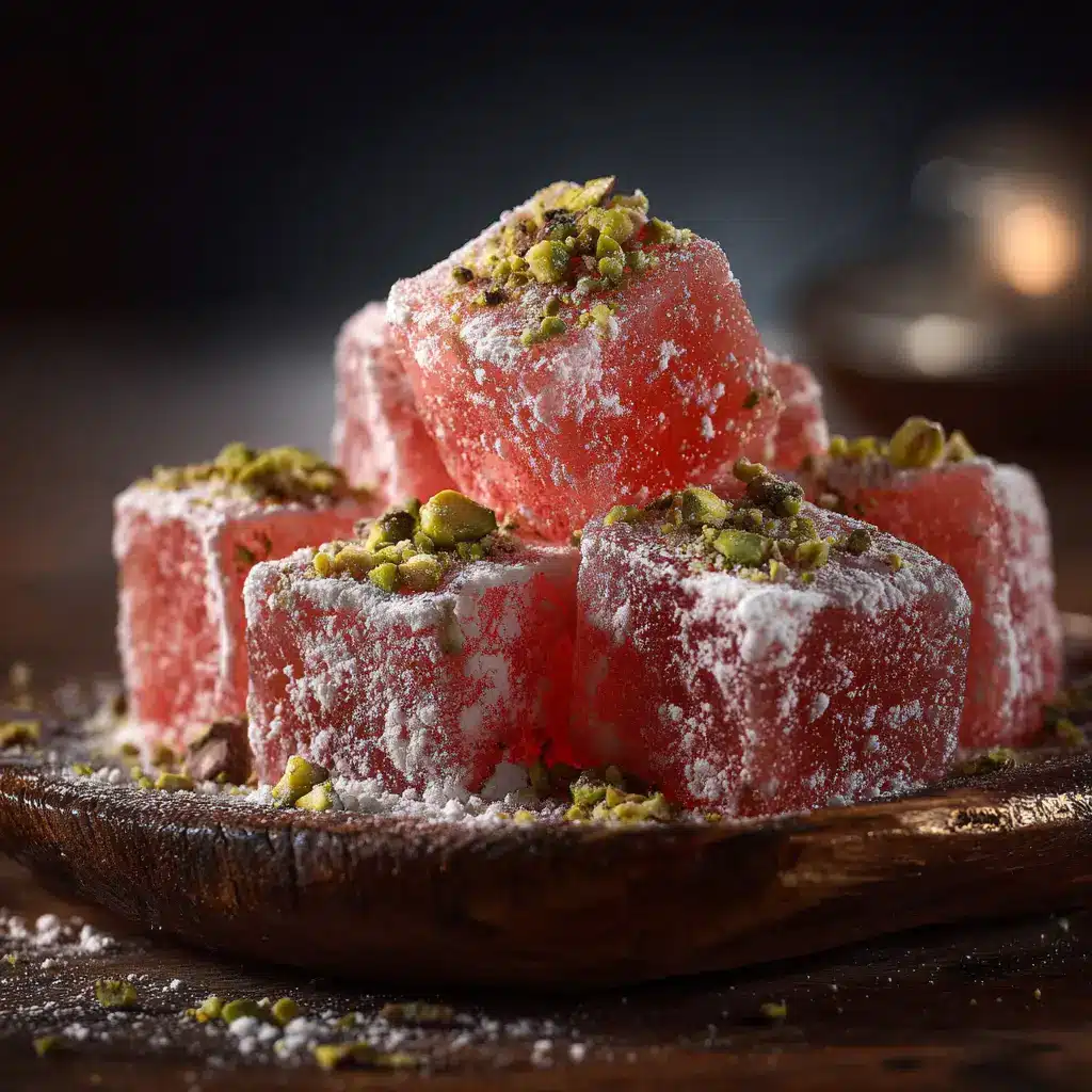 A close-up shot of homemade Turkish Delight cubes. The chewy texture and powdered sugar coating of the authentic lokum are clearly visible.