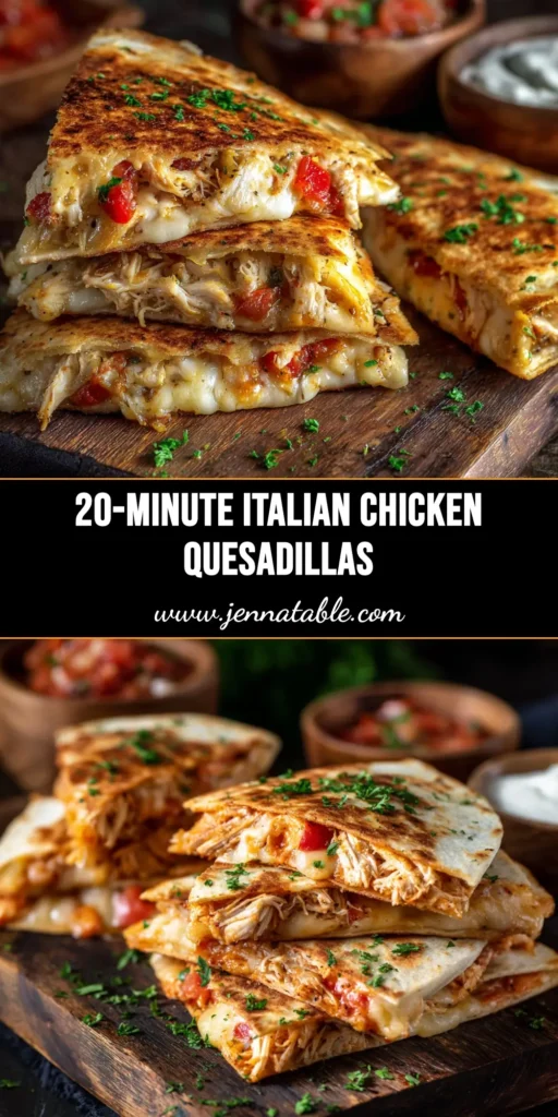 A stack of delicious Italian Chicken Quesadillas cut into wedges, served on a plate with a side of marinara sauce for dipping. The quesadillas are golden brown and filled with cheese and chicken.