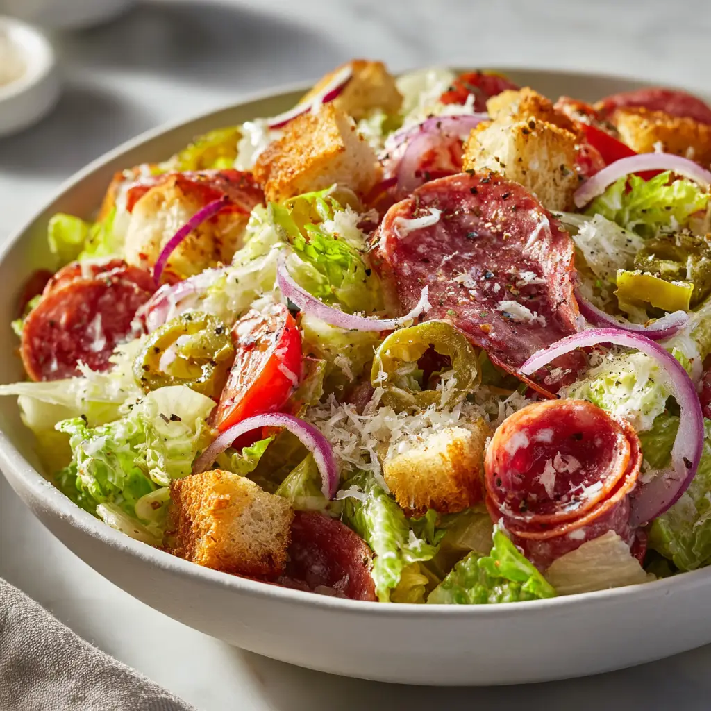 Another angle of the grinder salad, focusing on the combination of meats, cheese, and vegetables.