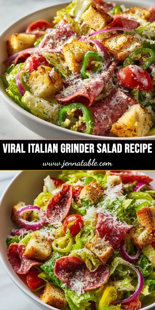 The viral Italian Grinder Salad in a large white bowl, ready to be served. A creamy dressing coats crisp lettuce, salami, pepperoni, and provolone.
