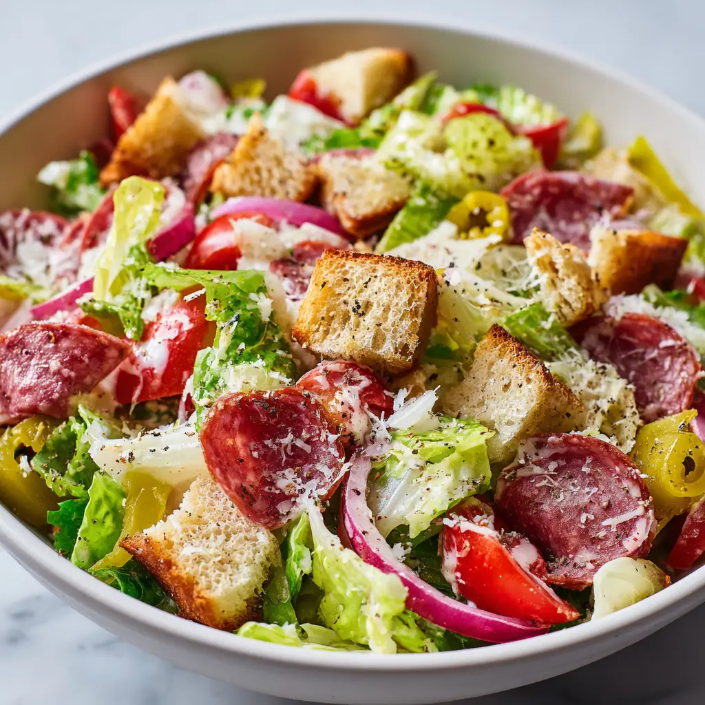 An extreme close-up of the Italian Grinder Salad, showing the texture of the finely shredded lettuce and creamy dressing.