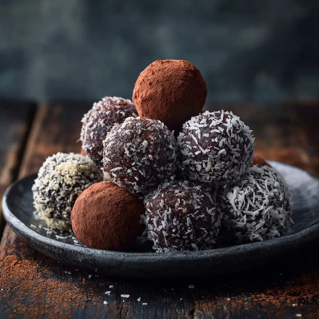 The process of making the chocolate rum balls, with a bowl of the dark dough mixture next to several finished balls being coated in powdered sugar.