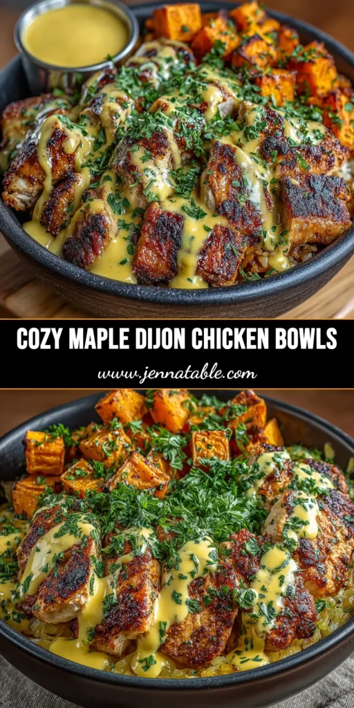 A top-down view of a vibrant Maple Dijon Chicken Bowl, showcasing caramelized chicken, roasted sweet potatoes, and brussels sprouts on a bed of quinoa in a rustic ceramic bowl.