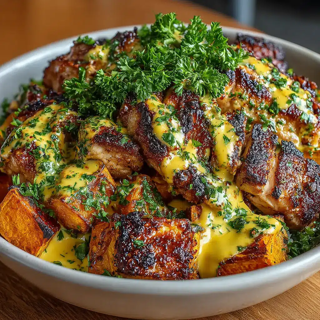 A close-up shot of the tender maple dijon chicken, showing the caramelized glaze and chopped parsley garnish in the meal bowl.