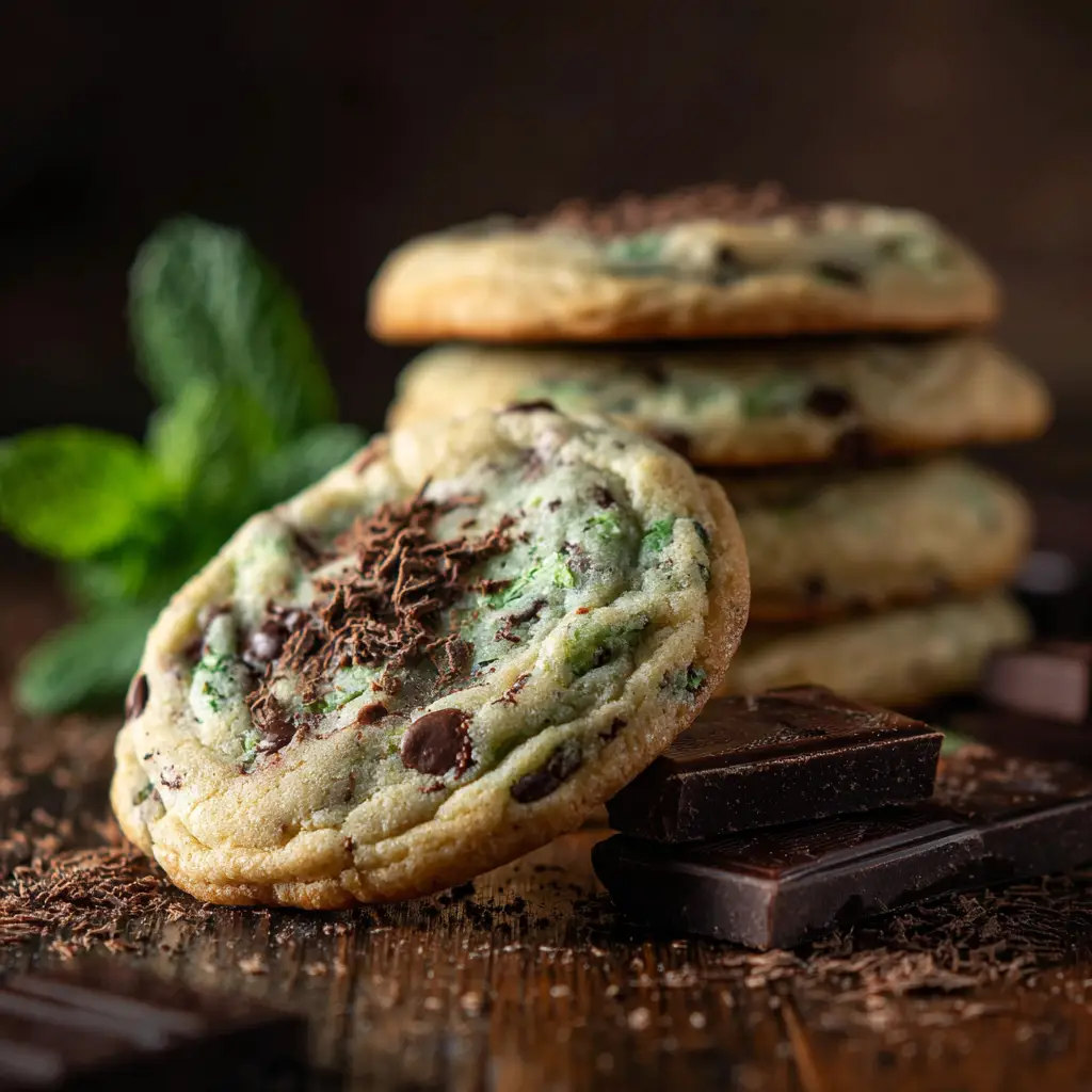 A batch of mint chocolate chip cookies cooling on a wire rack, ready to be eaten.