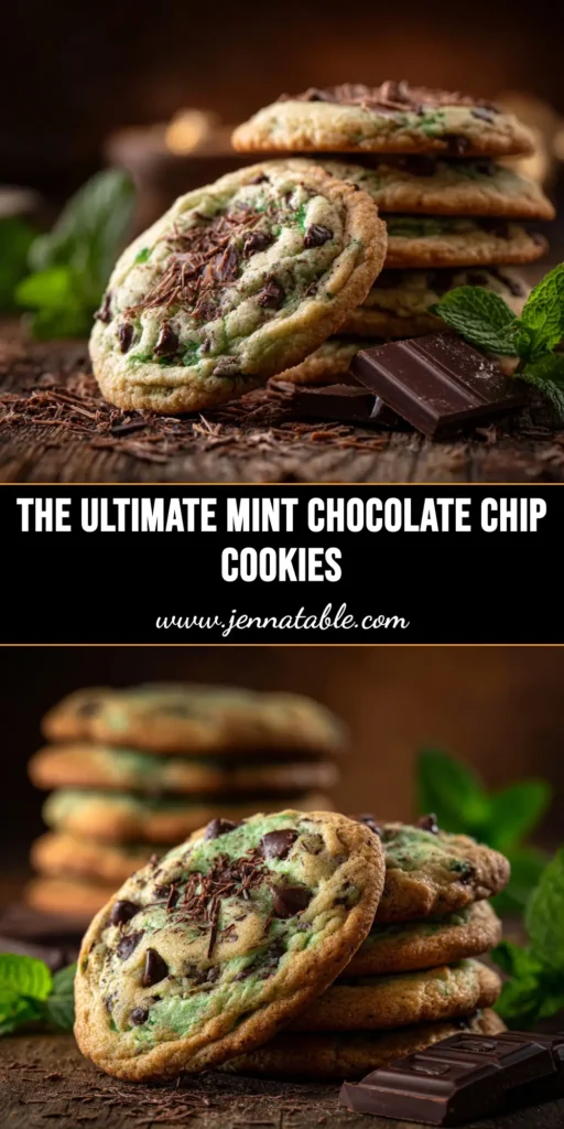 A stack of chewy mint chocolate chip cookies recipe on a plate, with one cookie broken in half to show the gooey chocolate chips inside.
