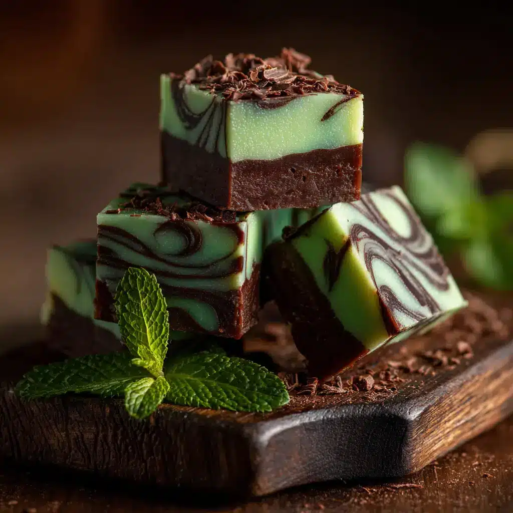 A close-up stack of mint chocolate fudge squares, showing the distinct chocolate and green mint layers. A key step in this homemade fudge recipe.