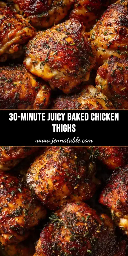 A plate of golden-brown, crispy oven baked chicken thighs, seasoned with herbs and spices, ready to be served. The ultimate easy chicken recipe.