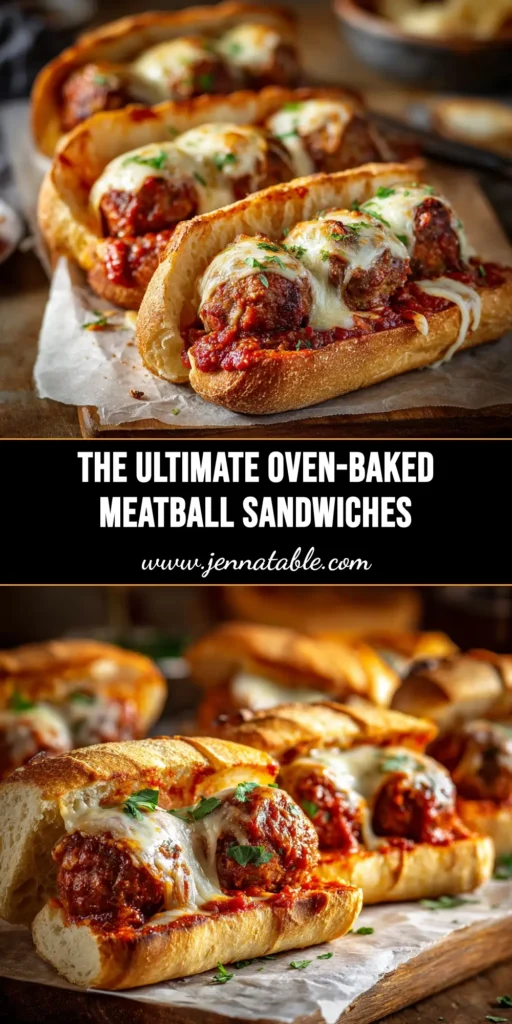 A close-up overhead shot of cheesy oven-baked meatball sandwiches on a baking sheet, ready to be eaten. The perfect easy recipe for dinner.