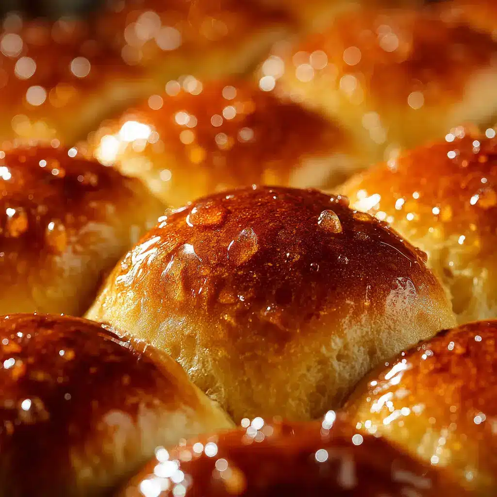 A pan of fast yeast rolls just out of the oven, brushed with melted butter and glistening under the light.